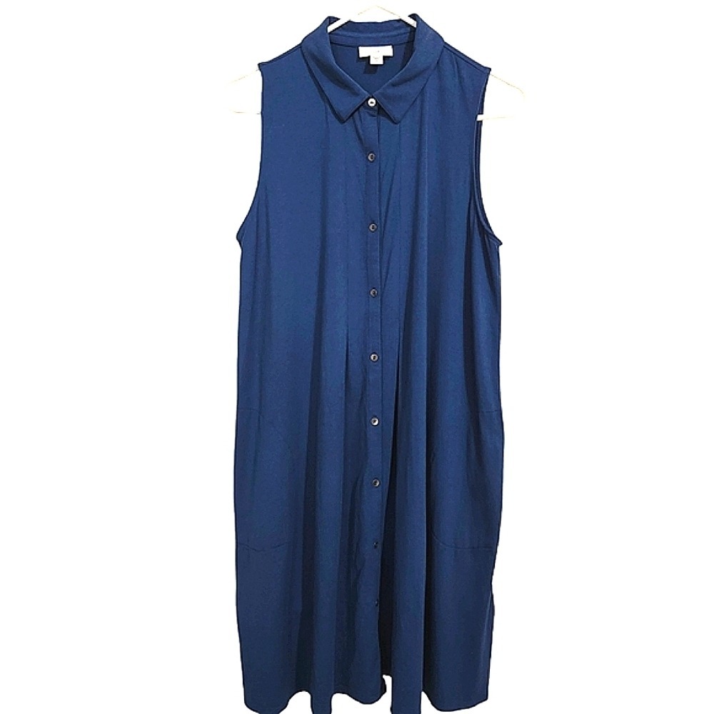 J. Jill Shirt Dress Women Medium Petite Blue Jersey Knit Sleeveless Button Basic